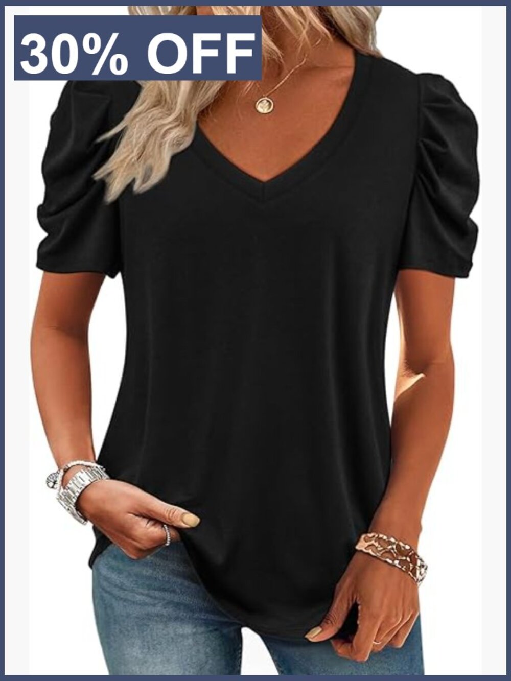 V Neck Puff Short Sleeve Tunic Top Blouse Boho Summer Casual Tee